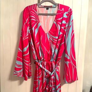 Pink and Blue Long Sleeve Dress with V-Neckline